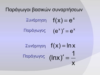 Παράγωγοι βασικών συναρτήσεων Παράγωγος   Συνάρτηση   Παράγωγος   Συνάρτηση   