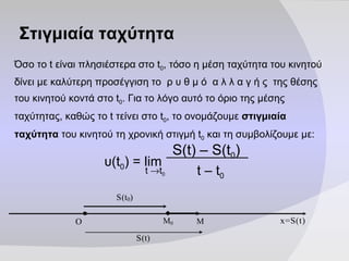 Στιγμιαία ταχύτητα Όσο το t είναι πλησιέστερα στο  t 0 , τόσο η μέση ταχύτητα του κινητού δίνει με καλύτερη προσέγγιση το  ρ υ θ μ ό  α λ λ α γ ή ς  της θέσης του κινητού κοντά στο  t 0 . Για το λόγο αυτό το όριο της μέσης ταχύτητας, καθώς το t τείνει στο  t 0 , το ονομάζουμε  στιγμιαία ταχύτητα  του κινητού τη χρονική στιγμή  t 0  και τη συμβολίζουμε με: S(t) – S(t 0 ) t – t 0 υ (t 0 )  =  lim t   t 0 