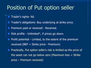 Position of Put option seller
Trader’s rights- Nil.
Trader’s obligations- Buy underlying at strike price.
Premium paid or ...