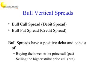 Bull Vertical Spreads
• Bull Call Spread (Debit Spread)
• Bull Put Spread (Credit Spread)
Bull Spreads have a positive delta and consist
of:
– Buying the lower strike price call (put)
– Selling the higher strike price call (put)
 