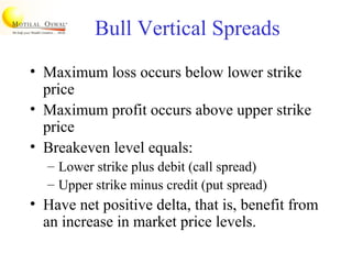 Bull Vertical Spreads
• Maximum loss occurs below lower strike
price
• Maximum profit occurs above upper strike
price
• Breakeven level equals:
– Lower strike plus debit (call spread)
– Upper strike minus credit (put spread)
• Have net positive delta, that is, benefit from
an increase in market price levels.
 