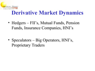 Derivative Market Dynamics
• Hedgers – FII’s, Mutual Funds, Pension
Funds, Insurance Companies, HNI’s
• Speculators – Big Operators, HNI’s,
Proprietary Traders
 