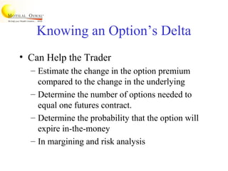 Knowing an Option’s Delta
• Can Help the Trader
– Estimate the change in the option premium
compared to the change in the underlying
– Determine the number of options needed to
equal one futures contract.
– Determine the probability that the option will
expire in-the-money
– In margining and risk analysis
 