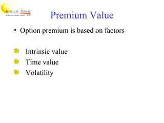 Premium Value
• Option premium is based on factors
Intrinsic value
Time value
Volatility
 