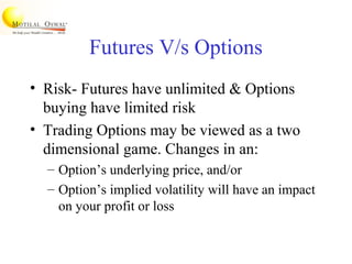 Futures V/s Options
• Risk- Futures have unlimited & Options
buying have limited risk
• Trading Options may be viewed as a two
dimensional game. Changes in an:
– Option’s underlying price, and/or
– Option’s implied volatility will have an impact
on your profit or loss
 