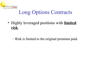 Long Options Contracts
• Highly leveraged positions with limited
risk.
– Risk is limited to the original premium paid.
 