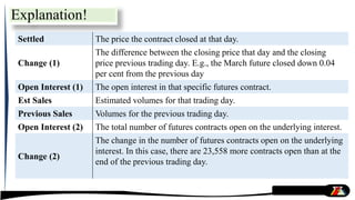 Settled The price the contract closed at that day.
Change (1)
The difference between the closing price that day and the closing
price previous trading day. E.g., the March future closed down 0.04
per cent from the previous day
Open Interest (1) The open interest in that specific futures contract.
Est Sales Estimated volumes for that trading day.
Previous Sales Volumes for the previous trading day.
Open Interest (2) The total number of futures contracts open on the underlying interest.
Change (2)
The change in the number of futures contracts open on the underlying
interest. In this case, there are 23,558 more contracts open than at the
end of the previous trading day.
Explanation!
 