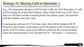 E.g., if by September the price of XYZ stock is $60, the XYZ December 55 calls
will be trading for at least their intrinsic value, which in this case is $5. Since
there are still three months remaining before the options expire, the premium
will also include some time value.
Assuming the calls have $1.70 of time value, they will be trading at $6.70.
Therefore, the investor could choose to sell the options at $6.70 and realize a
profit of $4.70 a share, equal to the difference between the current premium
minus the premium paid, or $2,350 total ($4.70 × 100 shares × 5 contracts).
Strategy #1: Buying Calls to Speculate
 