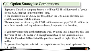 Call Option Strategies: Corporations
Suppose a Canadian company knows it will buy US$1 million worth of goods
from a U.S. supplier in three months’ time.
If the exchange rate is C$1.12 per U.S. dollar, the U.S. dollar purchase will
cost the company C$1.12 million.
The company can either buy the US$1 million now and pay C$1.12 million, or
wait three months and pay whatever the exchange rate is at that time.
If company chooses to do the latter and wait, by doing this, it faces the risk that
the value of the U.S. dollar will strengthen relative to the Canadian dollar.
Thus, the Canadian dollar cost of the purchase would be higher than C$1.12
million.
To protect itself against this risk, the corporation can buy a call option on the
U.S. dollar.
 