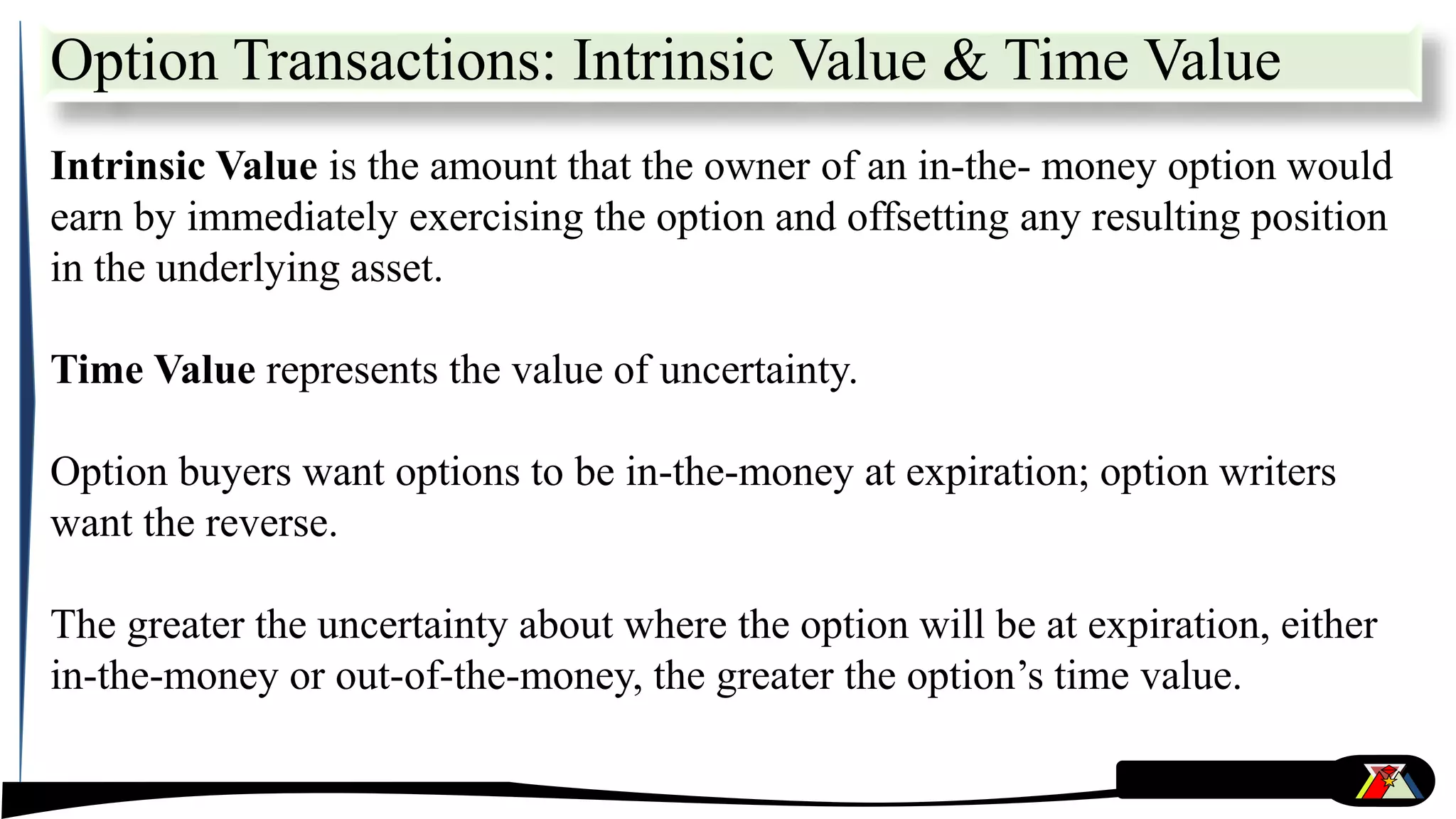 Intrinsic Value is the amount that the owner of an in-the- money option would
earn by immediately exercising the option and offsetting any resulting position
in the underlying asset.
Time Value represents the value of uncertainty.
Option buyers want options to be in-the-money at expiration; option writers
want the reverse.
The greater the uncertainty about where the option will be at expiration, either
in-the-money or out-of-the-money, the greater the option’s time value.
Option Transactions: Intrinsic Value & Time Value
 