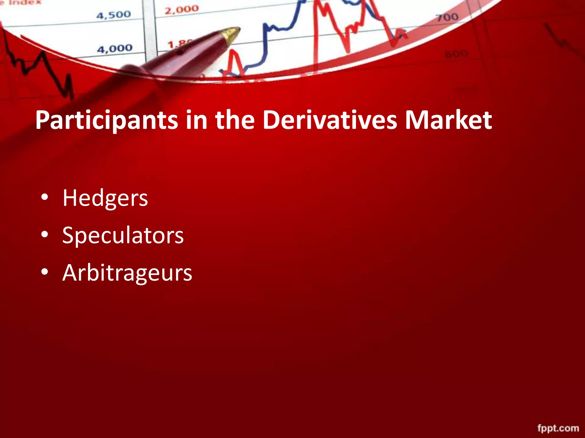 Participants in the Derivatives Market
• Hedgers
• Speculators
• Arbitrageurs
 