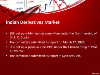 Indian Derivatives Market
• SEBI set up a 24–member committee under the Chairmanship of
Dr. L. C. Gupta.
• The committee submitted its report on March 17, 1998.
• SEBI set up a group in June 1998 under the Chairmanship of Prof.
J.R.Verma.
• The committee submitted its report in October 1998.
 