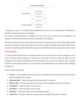 An agreement to pay 4.71% on GBP notional 100MM and receive3.39% on a USD notional of 190MMAt the
end of5Y, the principal amounts are exchanged.
In a currency swap the principal is exchanged at the end of the swap, and often also at the beginning. This
compares with an interest rate swap, in which the principal is not exchanged.
The major difference between a generic interest rate swap and a generic currency swap is that the latter includes
not only the exchange of interest rate payments but also the exchange of principal amounts both initially and on
termination. Since the payments made by the two parties are indifferent currencies, the payments need not netted.
Currency Options
A Currency Options (CO) Contract is an agreement that gives investors the right, but not the obligation, to buy
or sell a Currency Futures Contract on a future date at a fixed price. COs give investors the right to buy the
underlying Currency Future. Put Options give them the right to sell it. Investors are required to pay a premium
for choice of exercising the Option or not. The premium is calculated based on the volatility of the underlying
exchange rate.
Currency Option Terminology
• Exercise – The act performed by the option buyer of notifying the seller that they intend to deliver on the
option’s underlying forex contract.
• Expiration Date – The last date upon which the option can be exercised.
• Delivery Date – The date upon when the currencies will be exchanged if the option is exercised.
• Call Option – Confers the right to buy a currency.
• Put Option – Confers the right to sell a currency.
• Premium – The up-front cost involved in purchasing an option.
• Strike Price – The rate at which the currencies will be exchanged if the option is exercised.
 