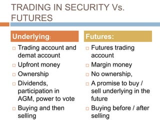 TRADING IN SECURITY Vs.
FUTURES
 Trading account and
demat account
 Upfront money
 Ownership
 Dividends,
participation in
AGM, power to vote
 Buying and then
selling
 Futures trading
account
 Margin money
 No ownership,
 A promise to buy /
sell underlying in the
future
 Buying before / after
selling
Underlying: Futures:
 