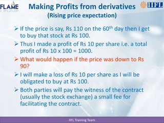 Making Profits from derivatives(Rising price expectation)If the price is say, Rs 110 on the 60th day then I get to buy that stock at Rs 100.Thus I made a profit of Rs 10 per share i.e. a total profit of Rs 10 x 100 = 1000.What would happen if the price was down to Rs 90?I will make a loss of Rs 10 per share as I will be obligated to buy at Rs 100.Both parties will pay the witness of the contract (usually the stock exchange) a small fee for facilitating the contract.