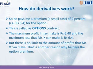 How do derivatives work?So he pays me a premium (a small cost) of 2 percent (i.e. Rs 6.4) for the option.This is called as OPTIONS contract.The maximum profit I may make is Rs 6.40 and the maximum loss that Mr. X can make is Rs 6.4.But there is no limit to the amount of profits that Mr. X can make. That is another reason why he pays the option premium.