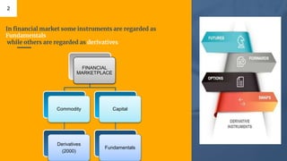 In financial market some instruments are regarded as
Fundamentals
while others are regarded as derivatives
2
FINANCIAL
MARKETPLACE
Commodity
Derivatives
(2000)
Capital
Fundamentals
 