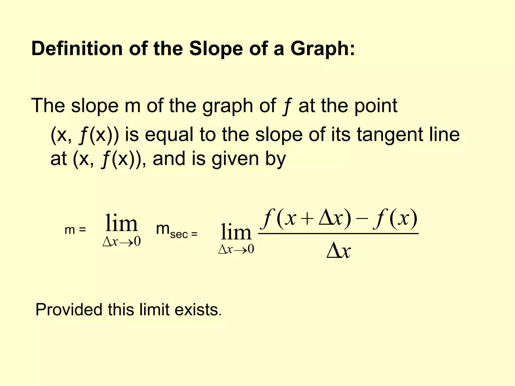 Definition of the Slope of a Graph:The slope m of the graph of ƒ at the point	(x, ƒ(x)) is equal to the slope of its tangent line at (x, ƒ(x)), and is given by msec = m = Provided this limit exists.