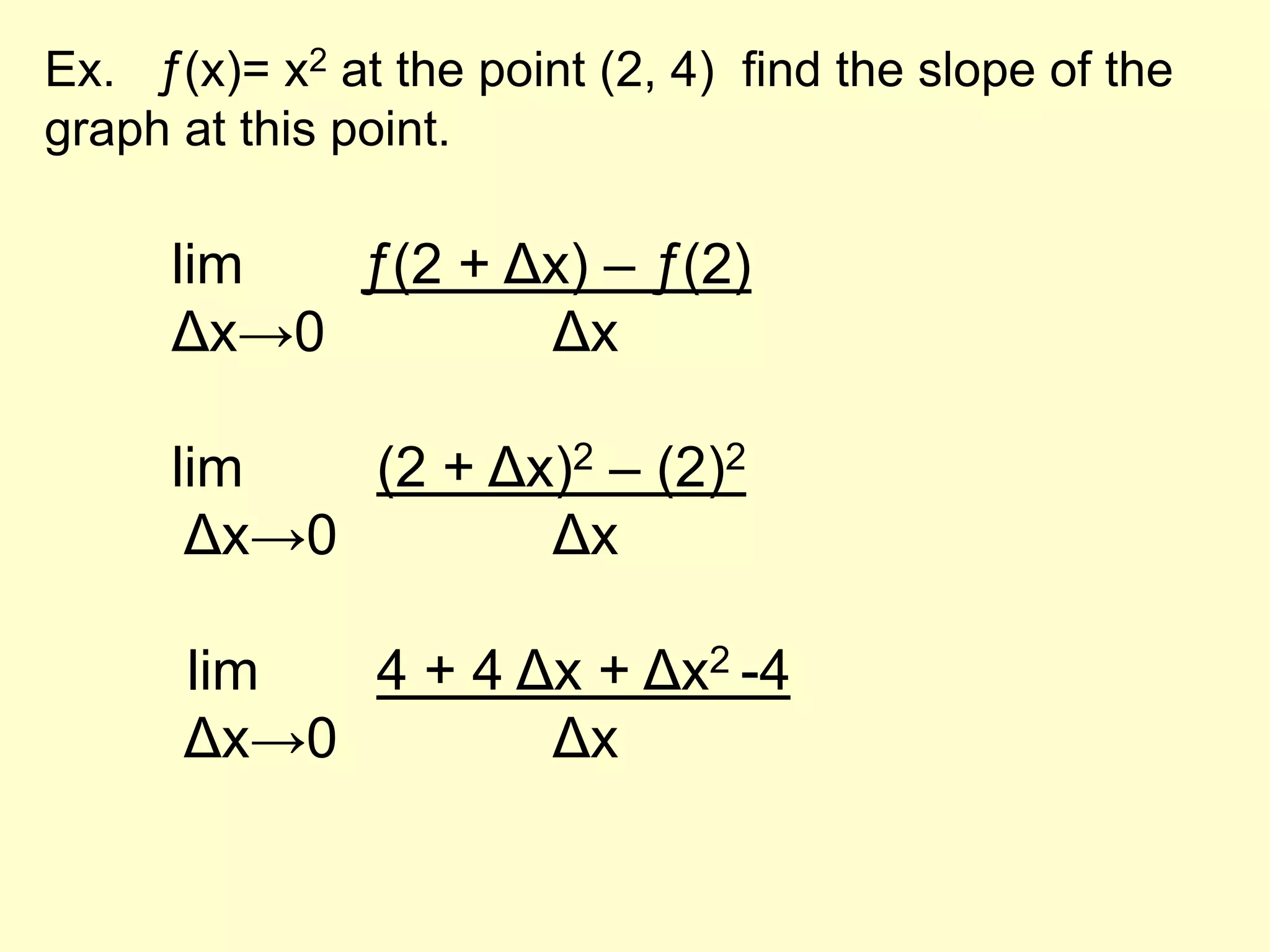 Ex.   ƒ(x)= x2 at the point (2, 4)  find the slope of the graph at this point.lim	    ƒ(2 + Δx) – ƒ(2)Δx->0		Δx 	lim	     (2 + Δx)2 – (2)2Δx->0 		Δx	 lim 	     4 + 4 Δx + Δx2 -4Δx->0 		Δx
