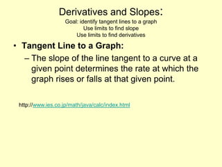 Derivatives and Slopes:Goal: identify tangent lines to a graphUse limits to find slope Use limits to find derivatives Tangent Line to a Graph: The slope of the line tangent to a curve at a given point determines the rate at which the graph rises or falls at that given point. http://www.ies.co.jp/math/java/calc/index.html 