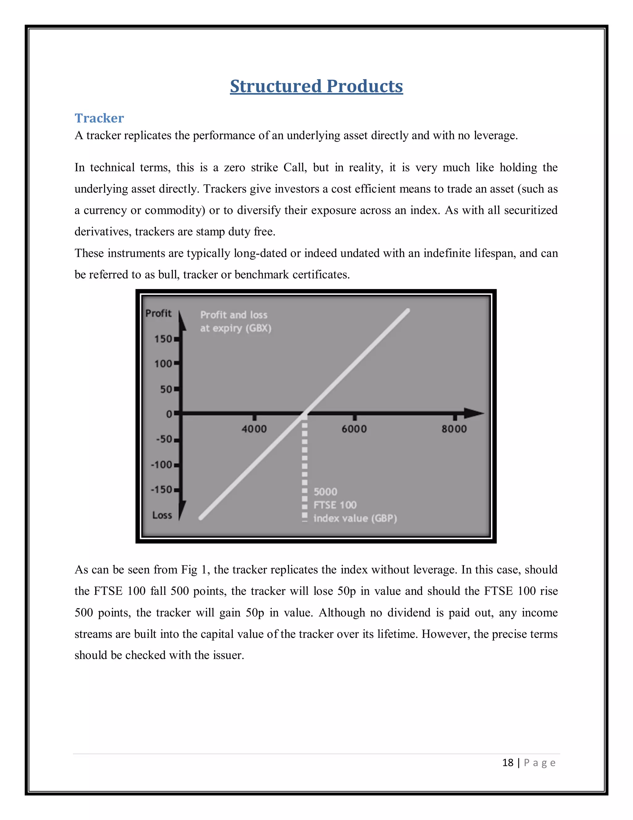 18 | P a g e
Structured Products
Tracker
A tracker replicates the performance of an underlying asset directly and with no leverage.
In technical terms, this is a zero strike Call, but in reality, it is very much like holding the
underlying asset directly. Trackers give investors a cost efficient means to trade an asset (such as
a currency or commodity) or to diversify their exposure across an index. As with all securitized
derivatives, trackers are stamp duty free.
These instruments are typically long-dated or indeed undated with an indefinite lifespan, and can
be referred to as bull, tracker or benchmark certificates.
As can be seen from Fig 1, the tracker replicates the index without leverage. In this case, should
the FTSE 100 fall 500 points, the tracker will lose 50p in value and should the FTSE 100 rise
500 points, the tracker will gain 50p in value. Although no dividend is paid out, any income
streams are built into the capital value of the tracker over its lifetime. However, the precise terms
should be checked with the issuer.
 