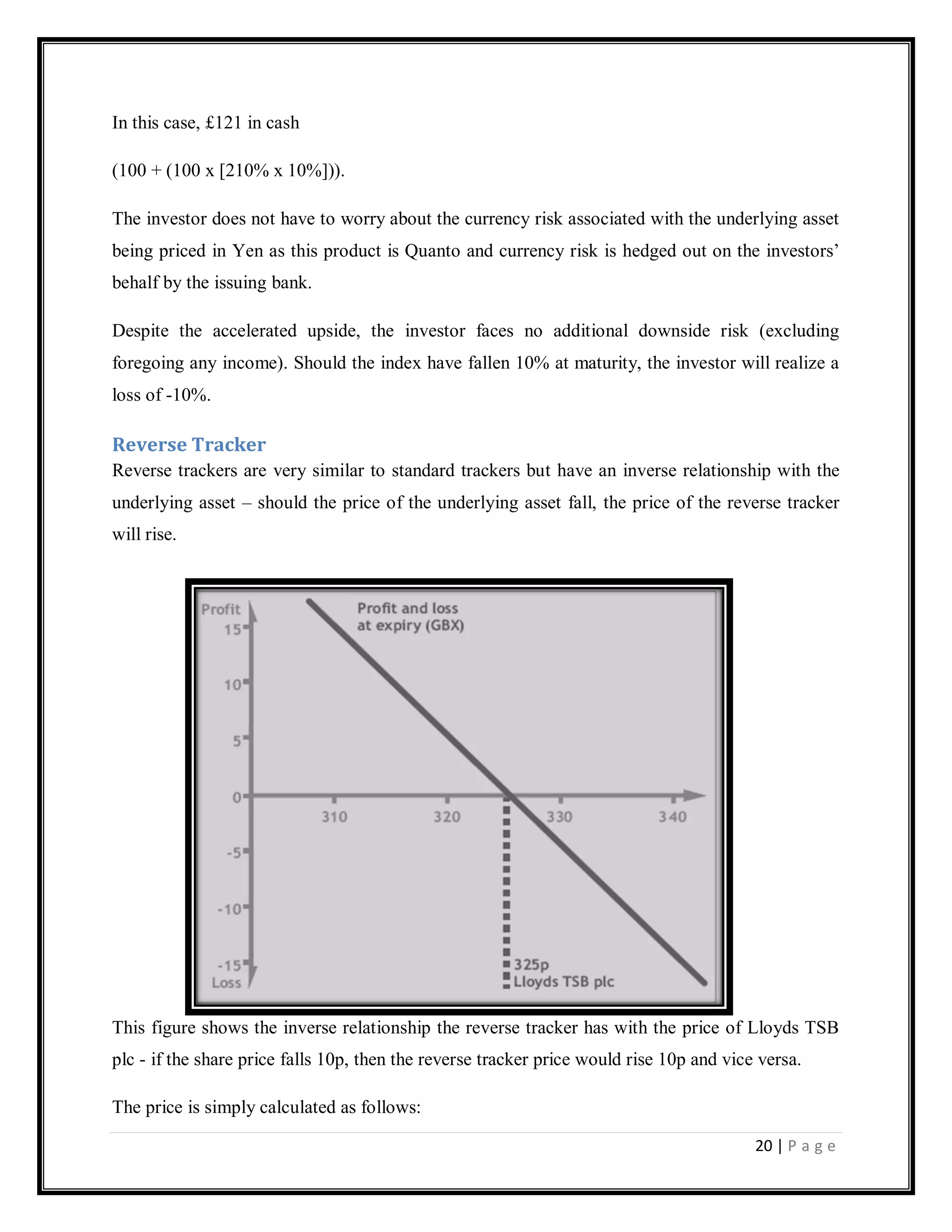 20 | P a g e
In this case, £121 in cash
(100 + (100 x [210% x 10%])).
The investor does not have to worry about the currency risk associated with the underlying asset
being priced in Yen as this product is Quanto and currency risk is hedged out on the investors‘
behalf by the issuing bank.
Despite the accelerated upside, the investor faces no additional downside risk (excluding
foregoing any income). Should the index have fallen 10% at maturity, the investor will realize a
loss of -10%.
Reverse Tracker
Reverse trackers are very similar to standard trackers but have an inverse relationship with the
underlying asset – should the price of the underlying asset fall, the price of the reverse tracker
will rise.
This figure shows the inverse relationship the reverse tracker has with the price of Lloyds TSB
plc - if the share price falls 10p, then the reverse tracker price would rise 10p and vice versa.
The price is simply calculated as follows:
 