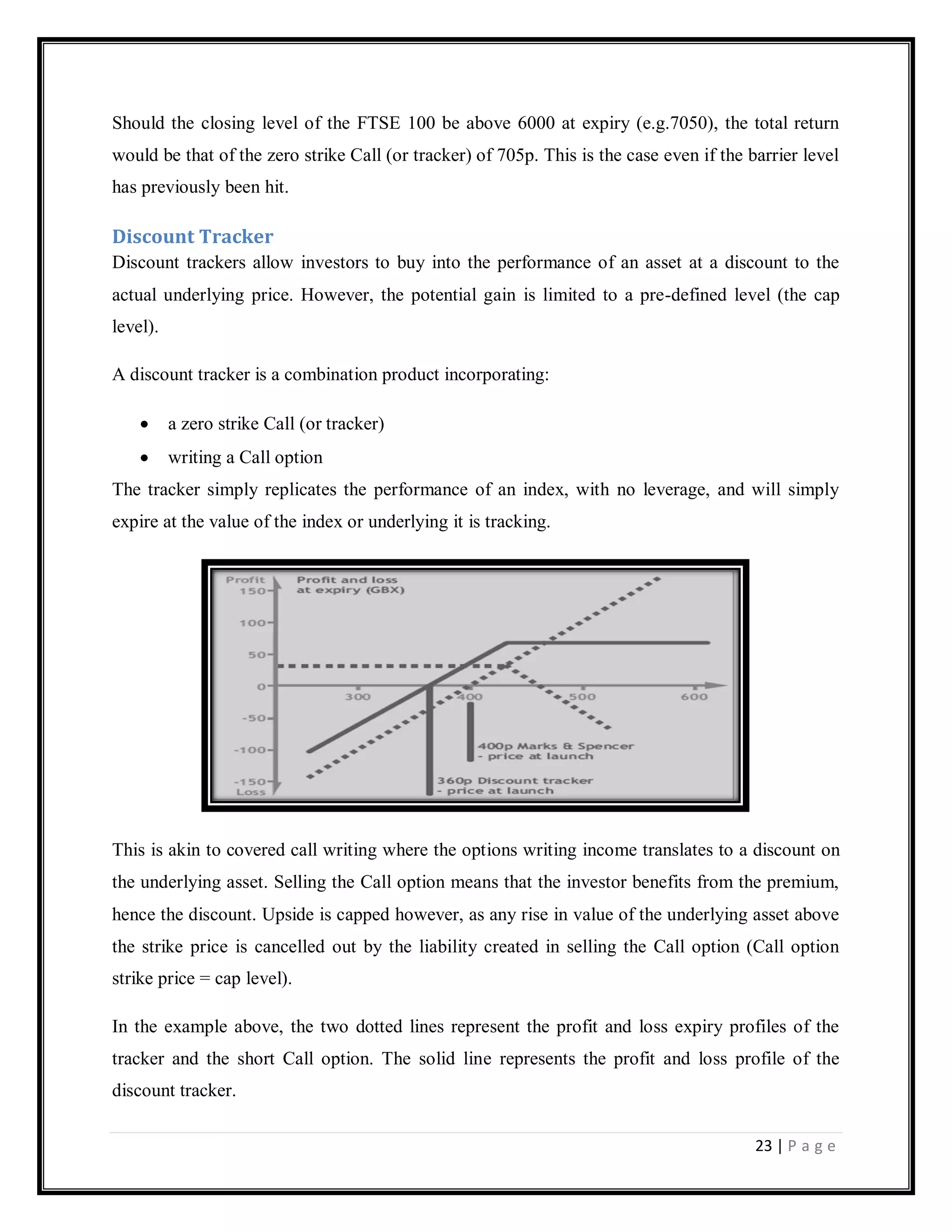 23 | P a g e
Should the closing level of the FTSE 100 be above 6000 at expiry (e.g.7050), the total return
would be that of the zero strike Call (or tracker) of 705p. This is the case even if the barrier level
has previously been hit.
Discount Tracker
Discount trackers allow investors to buy into the performance of an asset at a discount to the
actual underlying price. However, the potential gain is limited to a pre-defined level (the cap
level).
A discount tracker is a combination product incorporating:
a zero strike Call (or tracker)
writing a Call option
The tracker simply replicates the performance of an index, with no leverage, and will simply
expire at the value of the index or underlying it is tracking.
This is akin to covered call writing where the options writing income translates to a discount on
the underlying asset. Selling the Call option means that the investor benefits from the premium,
hence the discount. Upside is capped however, as any rise in value of the underlying asset above
the strike price is cancelled out by the liability created in selling the Call option (Call option
strike price = cap level).
In the example above, the two dotted lines represent the profit and loss expiry profiles of the
tracker and the short Call option. The solid line represents the profit and loss profile of the
discount tracker.
 