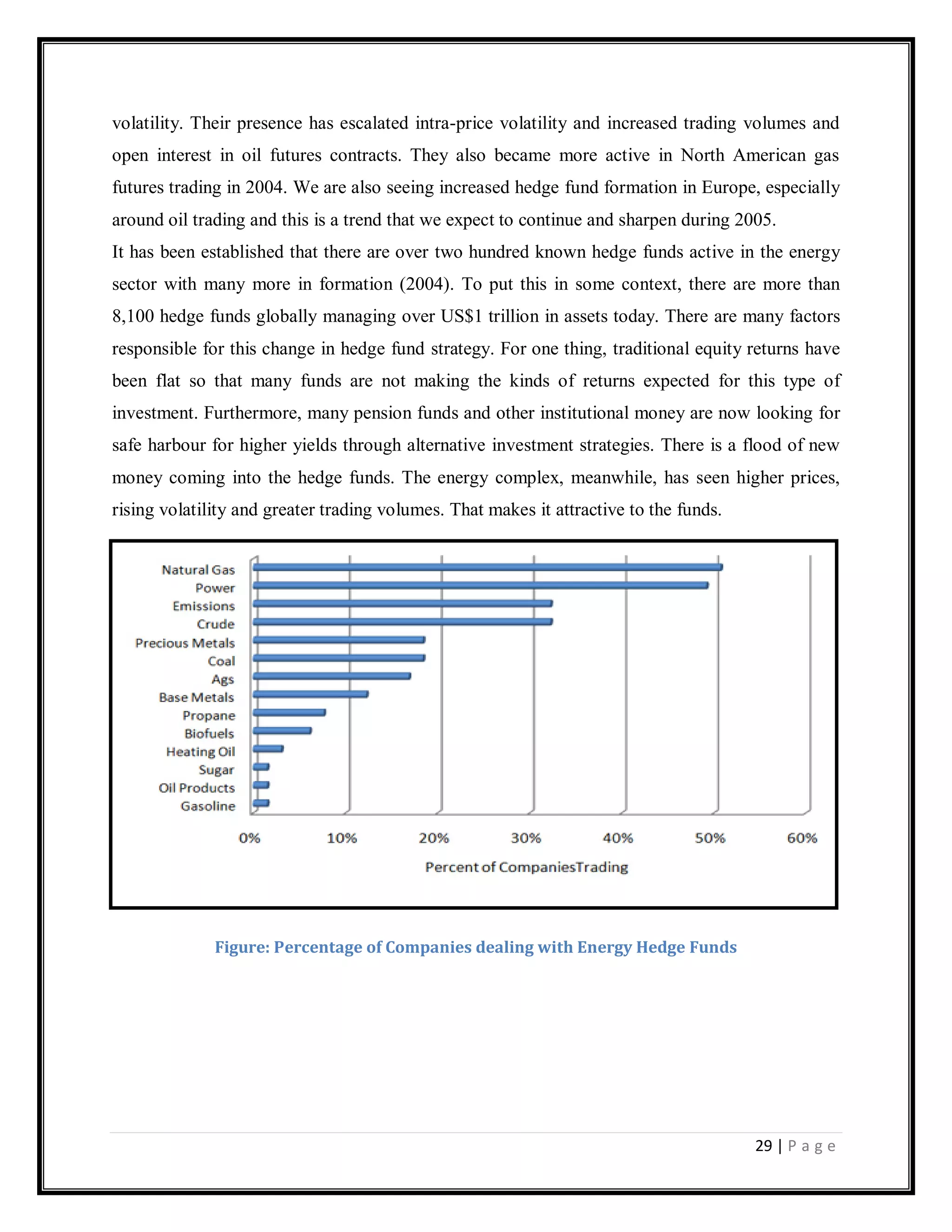 29 | P a g e
volatility. Their presence has escalated intra-price volatility and increased trading volumes and
open interest in oil futures contracts. They also became more active in North American gas
futures trading in 2004. We are also seeing increased hedge fund formation in Europe, especially
around oil trading and this is a trend that we expect to continue and sharpen during 2005.
It has been established that there are over two hundred known hedge funds active in the energy
sector with many more in formation (2004). To put this in some context, there are more than
8,100 hedge funds globally managing over US$1 trillion in assets today. There are many factors
responsible for this change in hedge fund strategy. For one thing, traditional equity returns have
been flat so that many funds are not making the kinds of returns expected for this type of
investment. Furthermore, many pension funds and other institutional money are now looking for
safe harbour for higher yields through alternative investment strategies. There is a flood of new
money coming into the hedge funds. The energy complex, meanwhile, has seen higher prices,
rising volatility and greater trading volumes. That makes it attractive to the funds.
Figure: Percentage of Companies dealing with Energy Hedge Funds
 