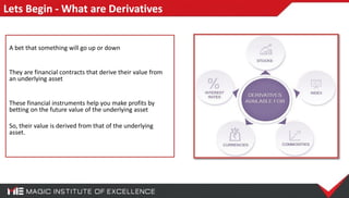 Lets Begin - What are Derivatives
A bet that something will go up or down
They are financial contracts that derive their value from
an underlying asset
These financial instruments help you make profits by
betting on the future value of the underlying asset
So, their value is derived from that of the underlying
asset.
 