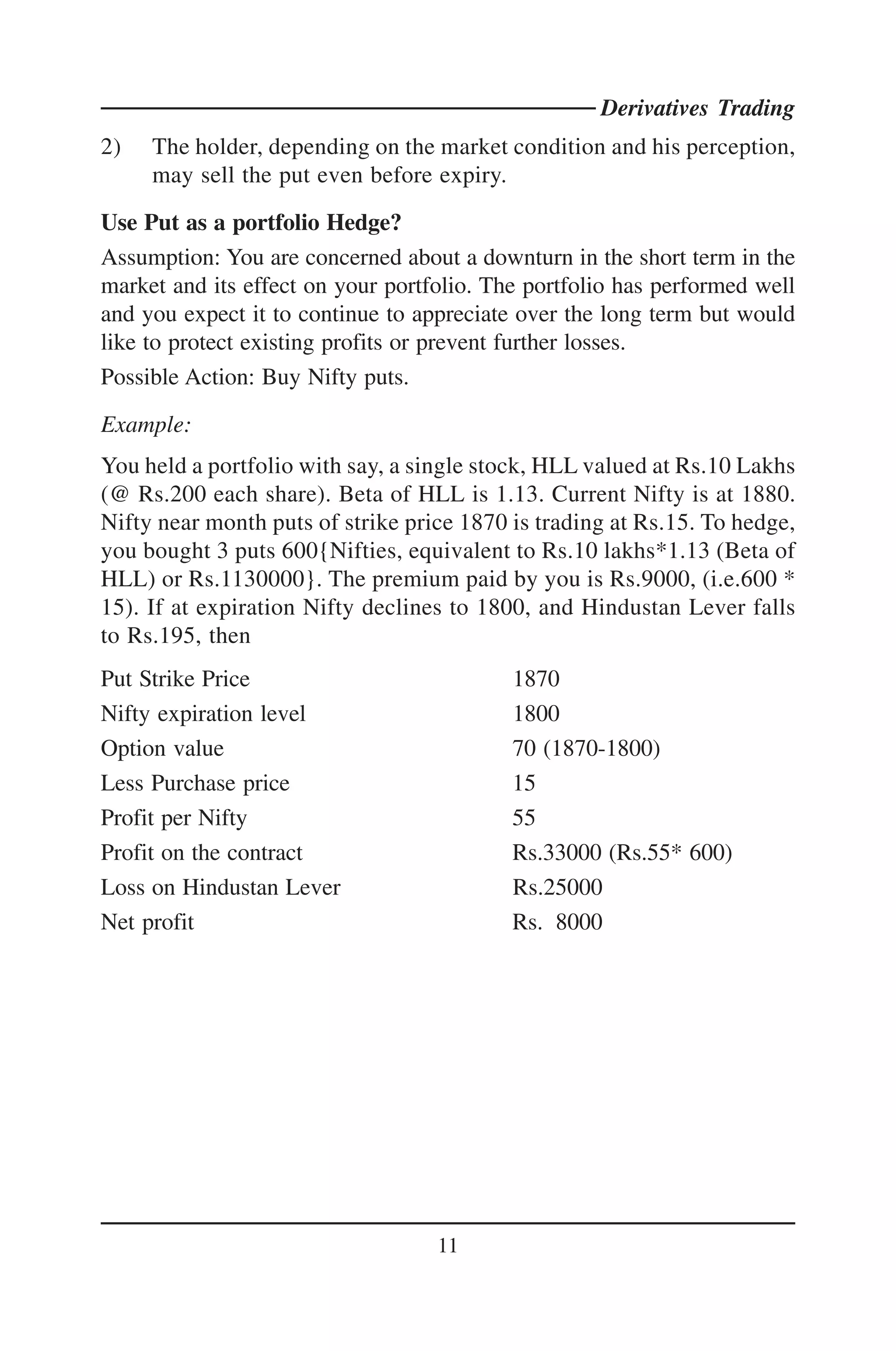 Derivatives Trading
2)   The holder, depending on the market condition and his perception,
     may sell the put even before expiry.

Use Put as a portfolio Hedge?
Assumption: You are concerned about a downturn in the short term in the
market and its effect on your portfolio. The portfolio has performed well
and you expect it to continue to appreciate over the long term but would
like to protect existing profits or prevent further losses.
Possible Action: Buy Nifty puts.

Example:
You held a portfolio with say, a single stock, HLL valued at Rs.10 Lakhs
(@ Rs.200 each share). Beta of HLL is 1.13. Current Nifty is at 1880.
Nifty near month puts of strike price 1870 is trading at Rs.15. To hedge,
you bought 3 puts 600{Nifties, equivalent to Rs.10 lakhs*1.13 (Beta of
HLL) or Rs.1130000}. The premium paid by you is Rs.9000, (i.e.600 *
15). If at expiration Nifty declines to 1800, and Hindustan Lever falls
to Rs.195, then
Put Strike Price                           1870
Nifty expiration level                     1800
Option value                               70 (1870-1800)
Less Purchase price                        15
Profit per Nifty                           55
Profit on the contract                     Rs.33000 (Rs.55* 600)
Loss on Hindustan Lever                    Rs.25000
Net profit                                 Rs. 8000




                                   11
 