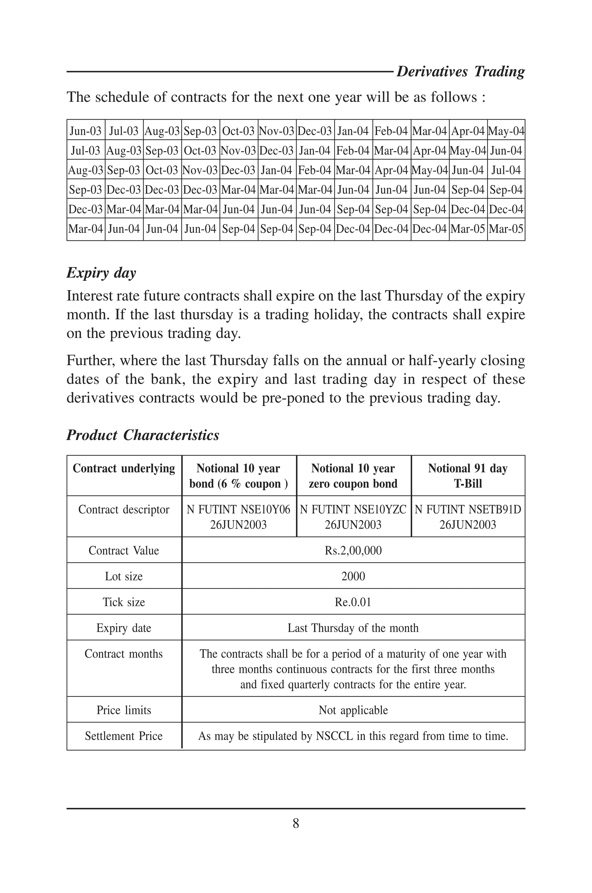 Derivatives Trading
The schedule of contracts for the next one year will be as follows :

Jun-03 Jul-03 Aug-03 Sep-03 Oct-03 Nov-03 Dec-03 Jan-04 Feb-04 Mar-04 Apr-04 May-04
Jul-03 Aug-03 Sep-03 Oct-03 Nov-03 Dec-03 Jan-04 Feb-04 Mar-04 Apr-04 May-04 Jun-04
Aug-03 Sep-03 Oct-03 Nov-03 Dec-03 Jan-04 Feb-04 Mar-04 Apr-04 May-04 Jun-04 Jul-04
Sep-03 Dec-03 Dec-03 Dec-03 Mar-04 Mar-04 Mar-04 Jun-04 Jun-04 Jun-04 Sep-04 Sep-04
Dec-03 Mar-04 Mar-04 Mar-04 Jun-04 Jun-04 Jun-04 Sep-04 Sep-04 Sep-04 Dec-04 Dec-04
Mar-04 Jun-04 Jun-04 Jun-04 Sep-04 Sep-04 Sep-04 Dec-04 Dec-04 Dec-04 Mar-05 Mar-05


Expiry day
Interest rate future contracts shall expire on the last Thursday of the expiry
month. If the last thursday is a trading holiday, the contracts shall expire
on the previous trading day.
Further, where the last Thursday falls on the annual or half-yearly closing
dates of the bank, the expiry and last trading day in respect of these
derivatives contracts would be pre-poned to the previous trading day.

Product Characteristics

 Contract underlying     Notional 10 year        Notional 10 year          Notional 91 day
                        bond (6 % coupon )       zero coupon bond               T-Bill

  Contract descriptor   N FUTINT NSE10Y06 N FUTINT NSE10YZC N FUTINT NSETB91D
                            26JUN2003         26JUN2003         26JUN2003

    Contract Value                                  Rs.2,00,000

       Lot size                                         2000

       Tick size                                       Re.0.01

     Expiry date                            Last Thursday of the month

   Contract months        The contracts shall be for a period of a maturity of one year with
                            three months continuous contracts for the first three months
                                  and fixed quarterly contracts for the entire year.

     Price limits                                  Not applicable

   Settlement Price      As may be stipulated by NSCCL in this regard from time to time.




                                             8
 