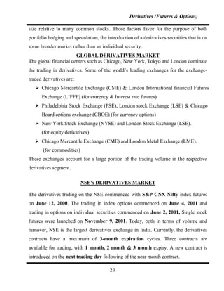 Derivatives (Futures & Options)

size relative to many common stocks. Those factors favor for the purpose of both
portfolio hedging and speculation, the introduction of a derivatives securities that is on
some broader market rather than an individual security.
                       GLOBAL DERIVATIVES MARKET
The global financial centers such as Chicago, New York, Tokyo and London dominate
the trading in derivatives. Some of the world‟s leading exchanges for the exchange-
traded derivatives are:
    Chicago Mercantile Exchange (CME) & London International financial Futures
      Exchange (LIFFE) (for currency & Interest rate futures)
    Philadelphia Stock Exchange (PSE), London stock Exchange (LSE) & Chicago
      Board options exchange (CBOE) (for currency options)
    New York Stock Exchange (NYSE) and London Stock Exchange (LSE).
      (for equity derivatives)
    Chicago Mercantile Exchange (CME) and London Metal Exchange (LME).
       (for commodities)
These exchanges account for a large portion of the trading volume in the respective
derivatives segment.

                           NSE’s DERIVATIVES MARKET

The derivatives trading on the NSE commenced with S&P CNX Nifty index futures
on June 12, 2000. The trading in index options commenced on June 4, 2001 and
trading in options on individual securities commenced on June 2, 2001, Single stock
futures were launched on November 9, 2001. Today, both in terms of volume and
turnover, NSE is the largest derivatives exchange in India. Currently, the derivatives
contracts have a maximum of 3-month expiration cycles. Three contracts are
available for trading, with 1 month, 2 month & 3 month expiry. A new contract is
introduced on the next trading day following of the near month contract.

                                        29
 
