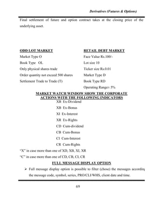 Derivatives (Futures & Options)

Final settlement of future and option contract takes at the closing price of the
underlying asset.




ODD LOT MARKET                              RETAIL DEBT MARKET
Market Type O                               Face Value Rs.100/-
Book Type OL                                Lot size 10
Only physical shares trade                  Ticker size Rs.0.01
Order quantity not exceed 500 shares        Market Type D
Settlement Trade to Trade (T)               Book Type RD
                                            Operating Range± 5%
           MARKET WATCH WINDOW SHOW THE CORPORATE
            ACTIONS WITH THE FOLLOWING INDICATORS
                   XB Ex-Dividend
                         XB Ex-Bonus
                         XI Ex-Interest
                         XR Ex-Rights
                         CD Cum-dividend
                         CB Cum-Bonus
                         CI Cum-Interest
                         CR Cum-Rights
“X” in case more than one of XD, XB, XI, XR
“C” in case more than one of CD, CB, CI, CR
                      FULL MESSAGE DISPLAY OPTION
    Full message display option is possible to filter (chose) the messages according to
      the message code, symbol, series, PRO/CLI/WHS, client date and time.


                                       69
 