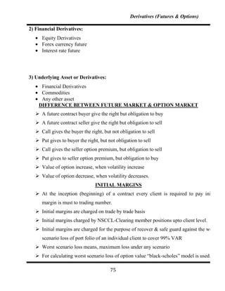 Derivatives (Futures & Options)

2) Financial Derivatives:
      Equity Derivatives
      Forex currency future
      Interest rate future




3) Underlying Asset or Derivatives:
     Financial Derivatives
     Commodities
     Any other asset
    DIFFERENCE BETWEEN FUTURE MARKET & OPTION MARKET
    A future contract buyer give the right but obligation to buy
    A future contract seller give the right but obligation to sell
    Call gives the buyer the right, but not obligation to sell
    Put gives to buyer the right, but not obligation to sell
    Call gives the seller option premium, but obligation to sell
    Put gives to seller option premium, but obligation to buy
    Value of option increase, when volatility increase
    Value of option decrease, when volatility decreases.
                                 INITIAL MARGINS
    At the inception (beginning) of a contract every client is required to pay initial
      margin is must to trading number.
    Initial margins are charged on trade by trade basis
    Initial margins charged by NSCCL-Clearing member positions upto client level.
    Initial margins are charged for the purpose of recover & safe guard against the worst
      scenario loss of port folio of an individual client to cover 99% VAR
    Worst scenario loss means, maximum loss under any scenario
    For calculating worst scenario loss of option value “black-scholes” model is used.

                                        75
 