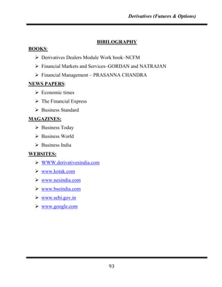 Derivatives (Futures & Options)




                            BIBILOGRAPHY
BOOKS:
   Derivatives Dealers Module Work book–NCFM
   Financial Markets and Services–GORDAN and NATRAJAN
   Financial Management – PRASANNA CHANDRA
NEWS PAPERS:
   Economic times
   The Financial Express
   Business Standard
MAGAZINES:
   Business Today
   Business World
   Business India
WEBSITES:
   WWW.derivativesindia.com
   www.kotak.com
   www.nesindia.com
   www.bseindia.com
   www.sebi.gov.in
   www.google.com




                                93
 