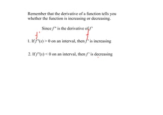 Remember that the derivative of a function tells you 
whether the function is increasing or decreasing. 

         Since f '' is the derivative of f ' 


1. If f ''(x) > 0 on an interval, then f ' is increasing 


2. If f ''(x) < 0 on an interval, then f ' is decreasing 
 