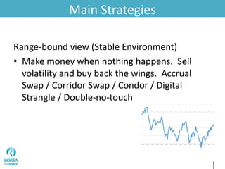 Main Strategies
Range-bound view (Stable Environment)
• Make money when nothing happens. Sell
volatility and buy back the wings. Accrual
Swap / Corridor Swap / Condor / Digital
Strangle / Double-no-touch
 