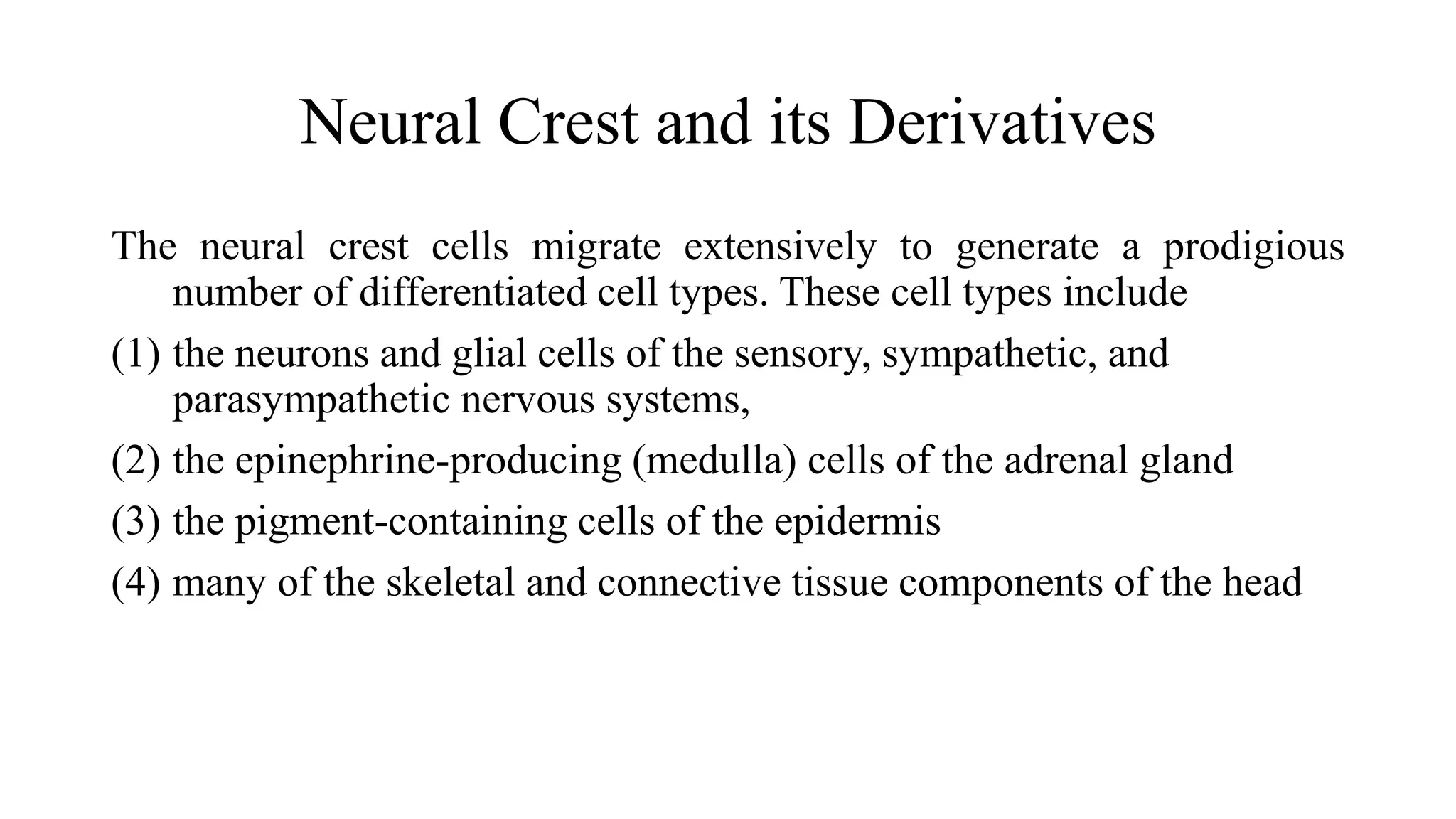 Neural Crest and its Derivatives
The neural crest cells migrate extensively to generate a prodigious
number of differentiated cell types. These cell types include
(1) the neurons and glial cells of the sensory, sympathetic, and
parasympathetic nervous systems,
(2) the epinephrine-producing (medulla) cells of the adrenal gland
(3) the pigment-containing cells of the epidermis
(4) many of the skeletal and connective tissue components of the head