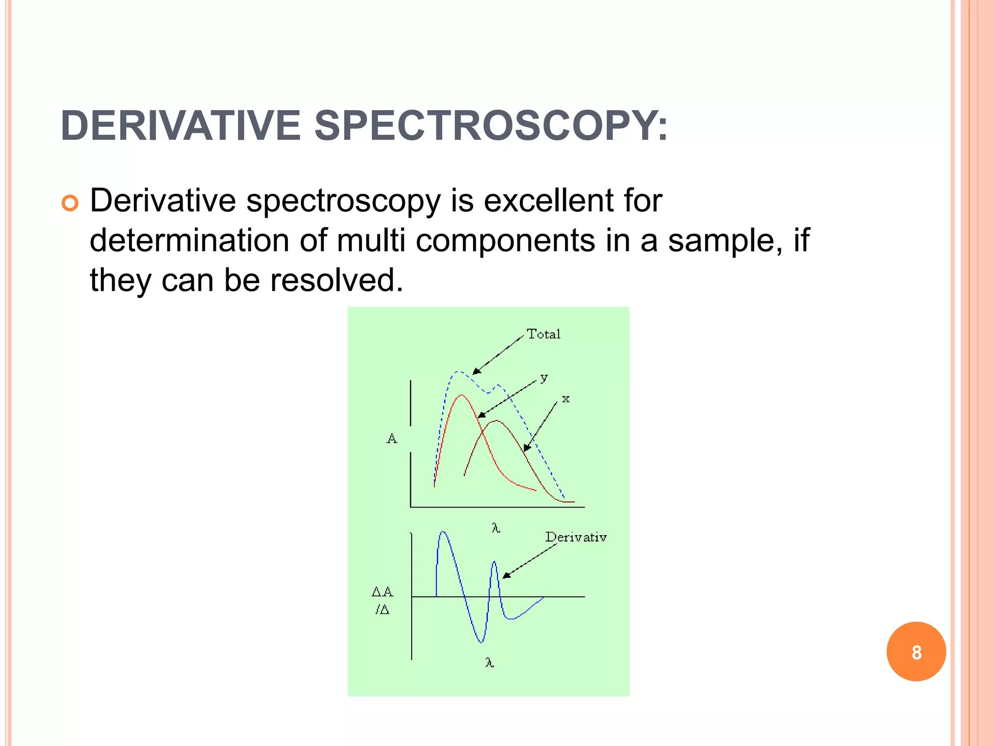 DERIVATIVE SPECTROSCOPY:
 Derivative spectroscopy is excellent for
determination of multi components in a sample, if
they can be resolved.
8
 