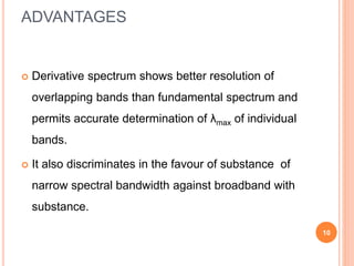 ADVANTAGES
 Derivative spectrum shows better resolution of
overlapping bands than fundamental spectrum and
permits accurate determination of λmax of individual
bands.
 It also discriminates in the favour of substance of
narrow spectral bandwidth against broadband with
substance.
10
 