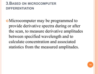 3.BASED ON MICROCOMPUTER
DIFFERENTIATION
Microcomputer may be programmed to
provide derivative spectra during or after
the scan, to measure derivative amplitudes
between specified wavelength and to
calculate concentration and associated
statistics from the measured amplitudes.
14
 