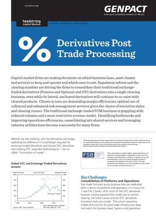 Derivatives Post
Trade Processing
Capital market firms are making decisions on which business lines, asset classes
and services to keep and operate and which ones to exit. Regulatory reform and the
clearing mandate are driving the firms to consolidate their traditional exchangetraded derivatives (Futures and Options) and OTC derivatives into a single clearing
business, even while bi-lateral, uncleared derivatives will continue to co-exist with
cleared products. Clients in turn are demanding margin efficiencies, optimal use of
collateral and enhanced risk management services given the choice of execution styles
and clearing venues. The traditional exchange-traded FCM business is grappling with
reduced volumes and a more restrictive revenue model. Identifying bottlenecks and
improving operations efficiencies, consolidating into shared services and leveraging
industry utilities have become a necessity for many firms.

Markets are also evolving, with the derivatives exchanges
exploiting the difference in Initial Margin required for
exchange-traded derivatives and cleared OTC derivatives,
and creating OTC swap-like listed products -- the socalled “Futurization of swaps”.

Global OTC and Exchange-Traded Derivatives
Growth

Key Challenges

Consolidation of Platforms and Operations:
Post trade functions across business lines are replicated
both in terms of platforms and operations in in many Tier
1 and Tier 2 banks. With much of the OTC derivatives
business moving towards flow model and to central
clearing, the listed futures and the OTC derivatives
businesses look very similar. The current operating
model and costs for this post trade infrastructure does
not match the business need. Systems and operations

 