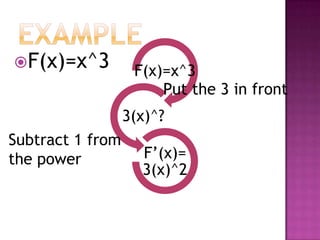 ExampleF(x)=x^3Put the 3 in frontSubtract 1 from the power