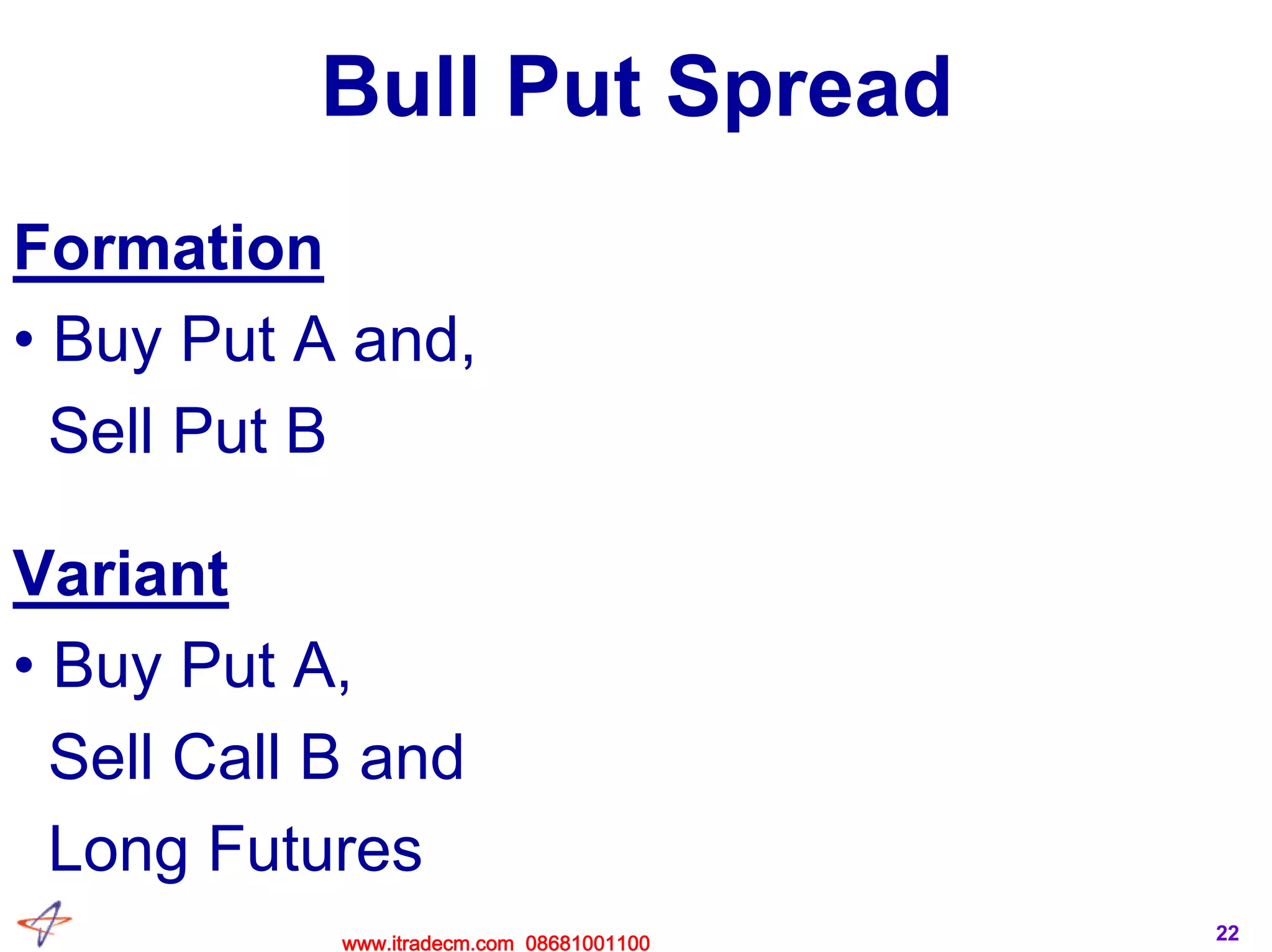 22
Bull Put Spread
Formation
• Buy Put A and,
Sell Put B
Variant
• Buy Put A,
Sell Call B and
Long Futures
www.itradecm.com 08681001100
 