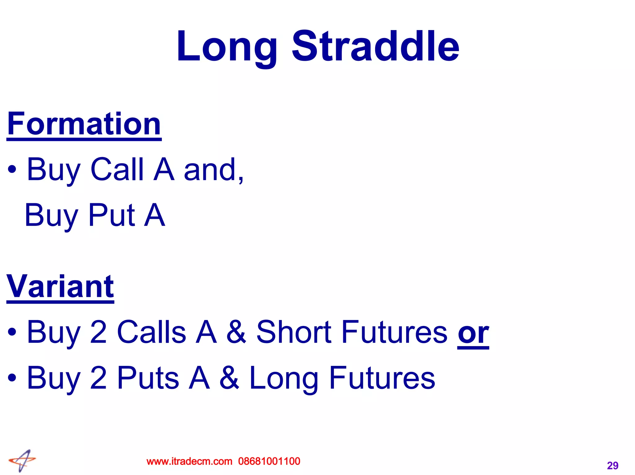 29
Long Straddle
Formation
• Buy Call A and,
Buy Put A
Variant
• Buy 2 Calls A & Short Futures or
• Buy 2 Puts A & Long Futures
www.itradecm.com 08681001100
 