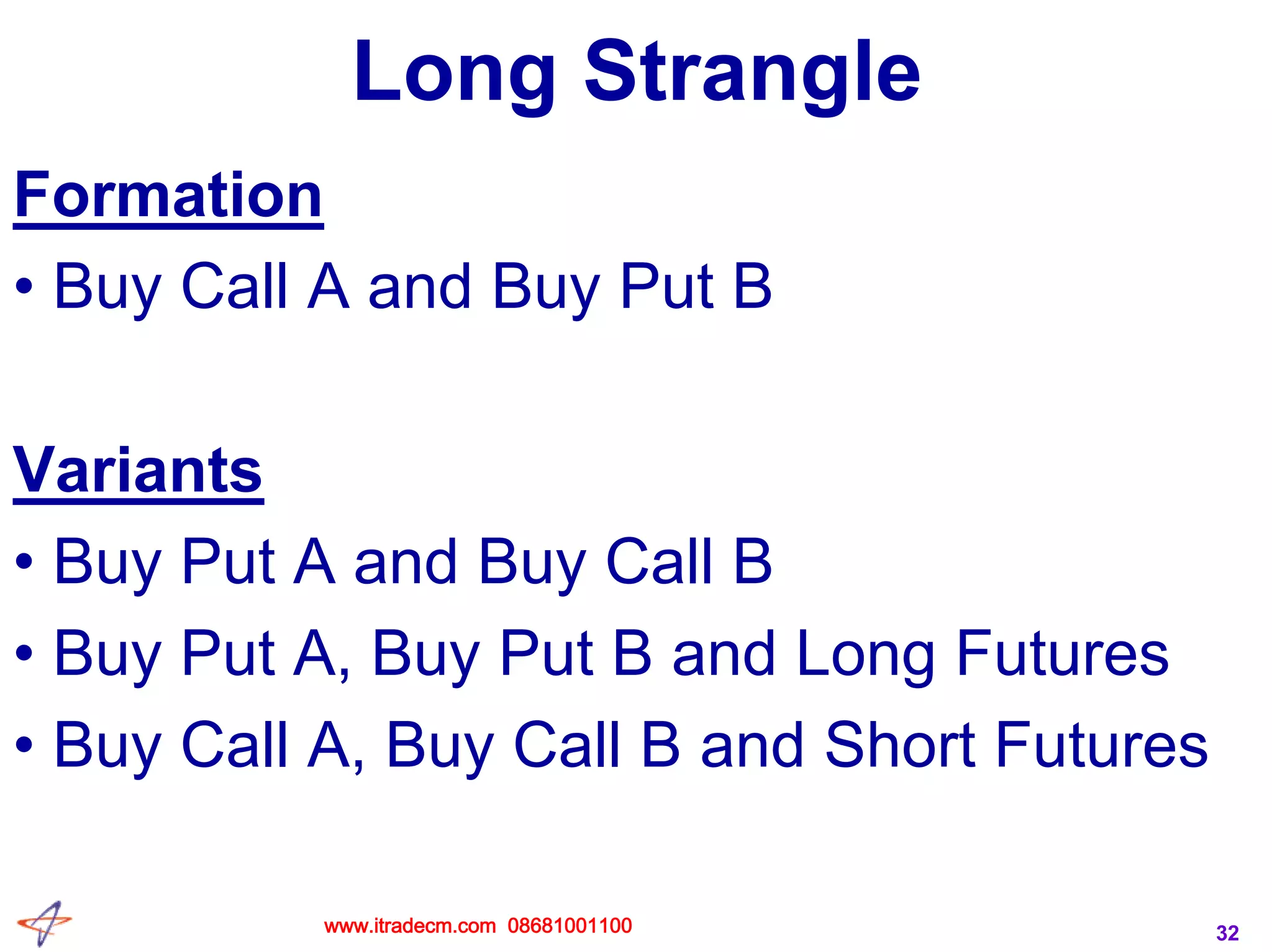 32
Long Strangle
Formation
• Buy Call A and Buy Put B
Variants
• Buy Put A and Buy Call B
• Buy Put A, Buy Put B and Long Futures
• Buy Call A, Buy Call B and Short Futures
www.itradecm.com 08681001100
 