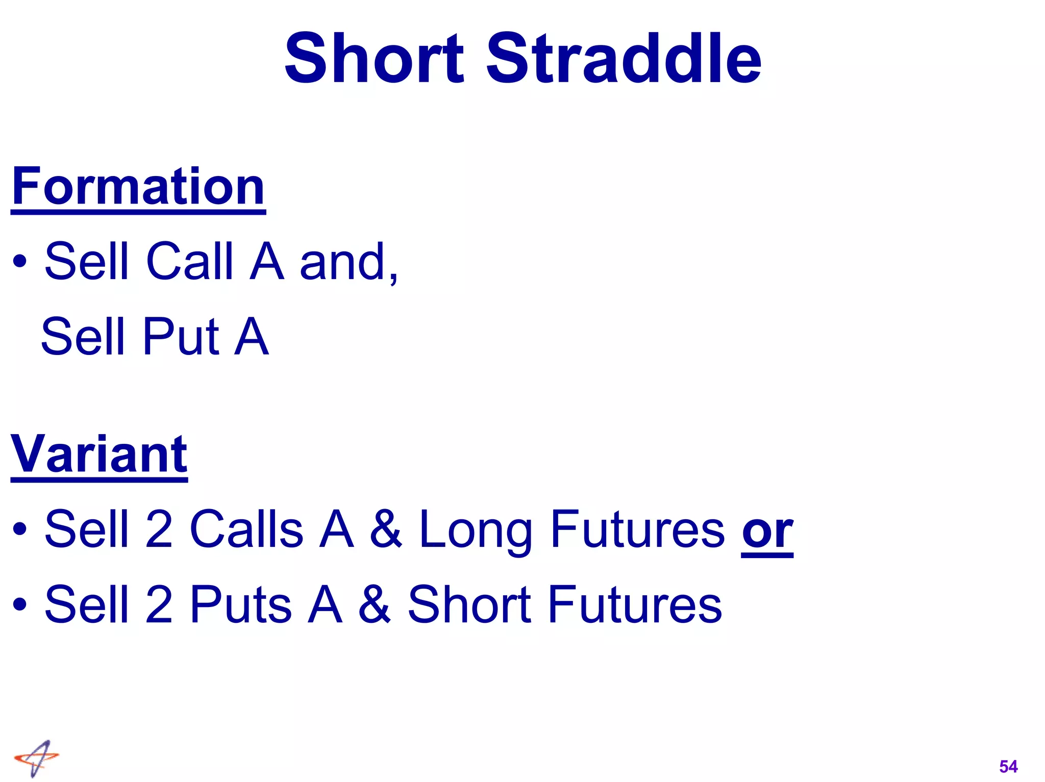 54
Short Straddle
Formation
• Sell Call A and,
Sell Put A
Variant
• Sell 2 Calls A & Long Futures or
• Sell 2 Puts A & Short Futures
 