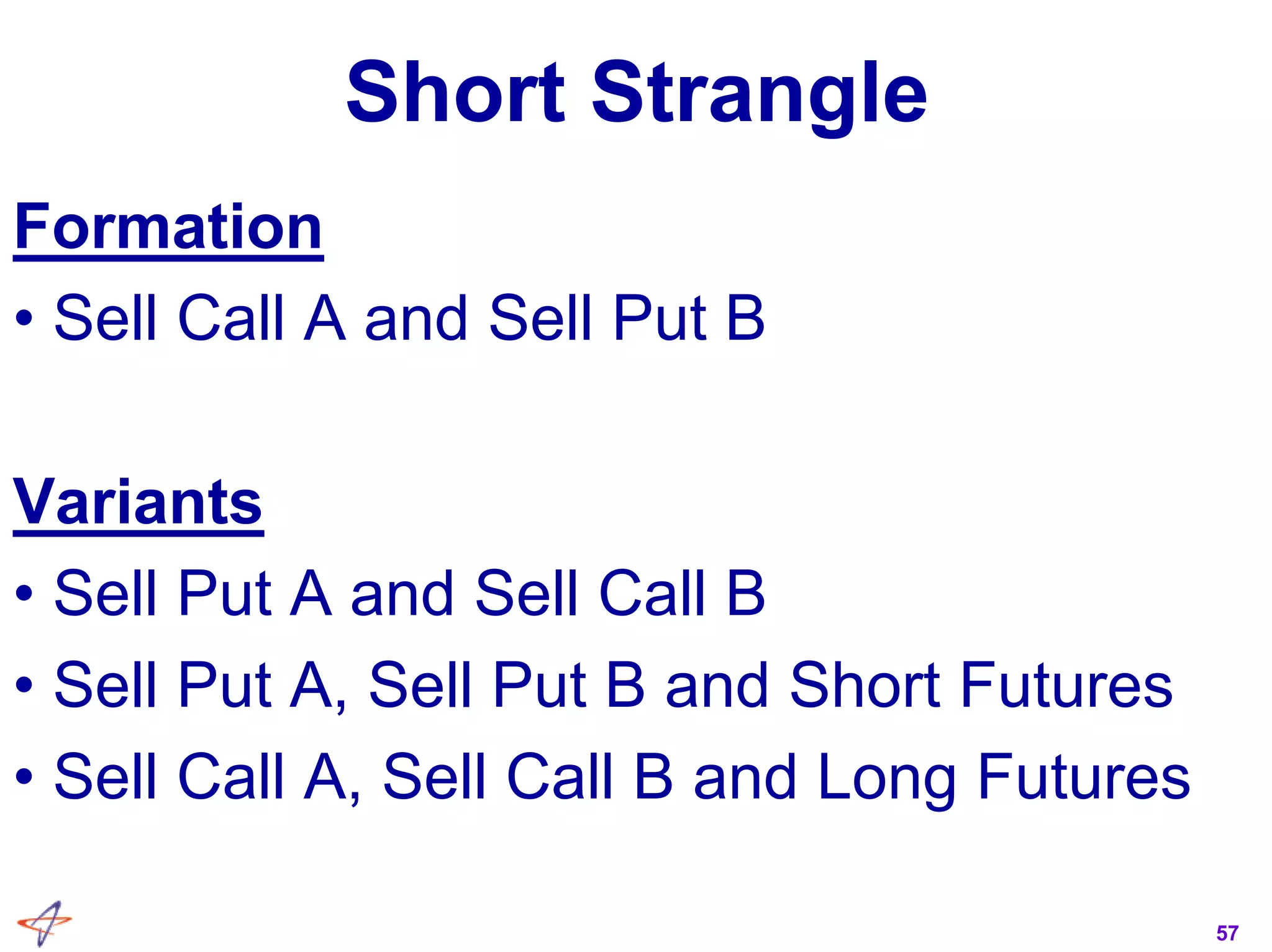 57
Short Strangle
Formation
• Sell Call A and Sell Put B
Variants
• Sell Put A and Sell Call B
• Sell Put A, Sell Put B and Short Futures
• Sell Call A, Sell Call B and Long Futures
 