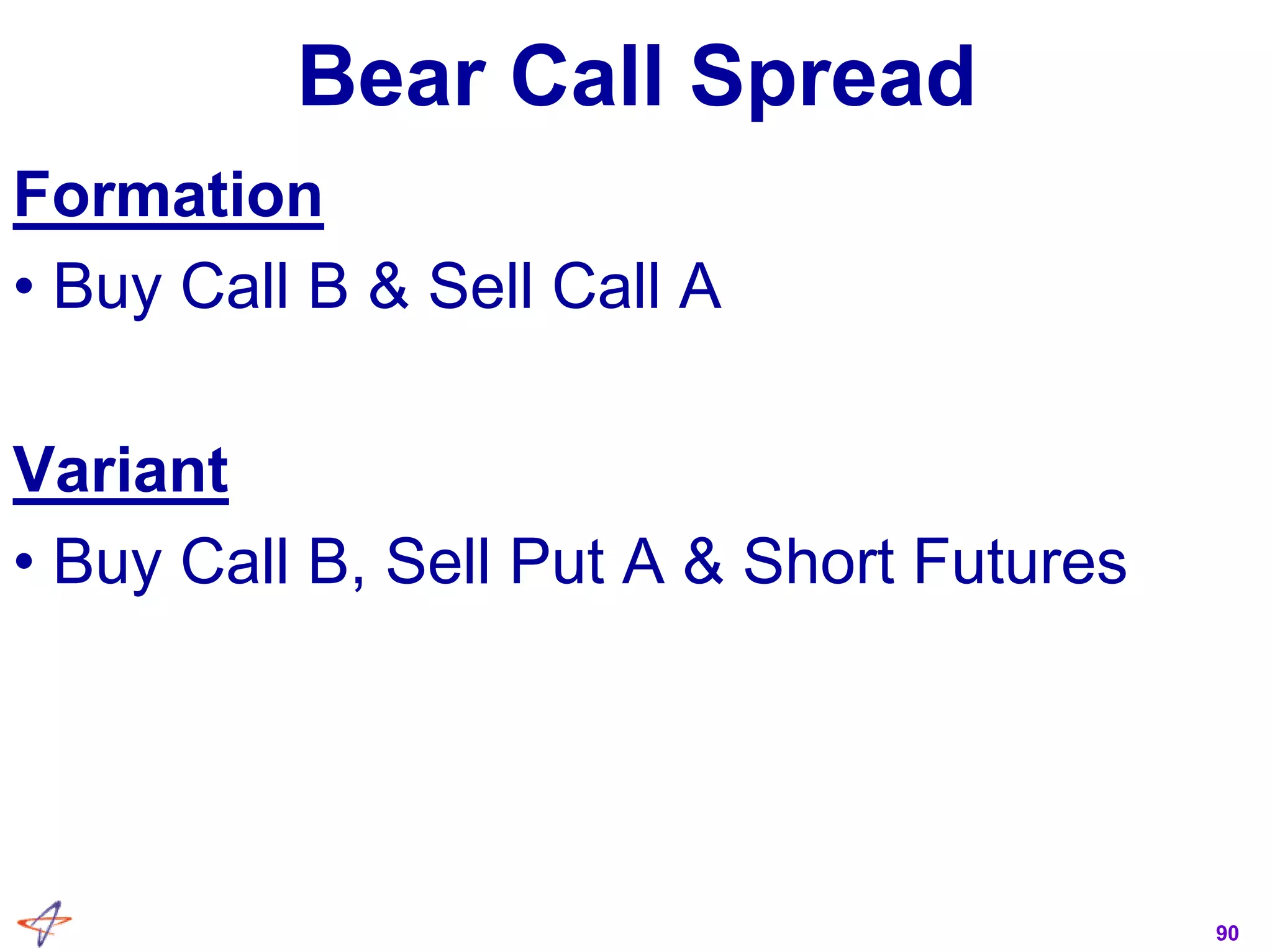 90
Bear Call Spread
Formation
• Buy Call B & Sell Call A
Variant
• Buy Call B, Sell Put A & Short Futures
 