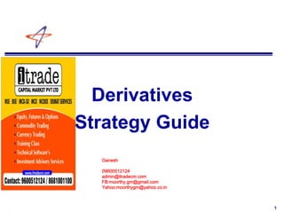 1
Derivatives
Strategy Guide
Structured by:
ganes h
Ganesh
09600512124
admin@itradecm.com
FB:moorthy.gm@gmail.com
Yahoo:moorthygm@yahoo.co.in
 